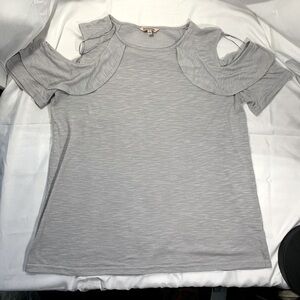 Juicy Couture Light Gray Peek-A-Boo Shoulder Tee With Shoulder Ruffle